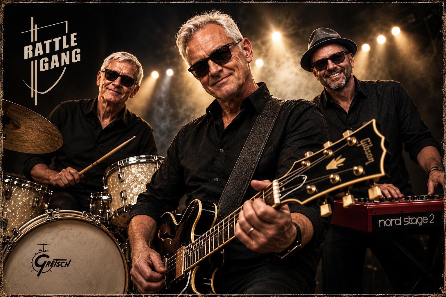 KI-generiertes Bandmotiv der Rattle Gang mit Gitarre, Schlagzeug und Keyboard
